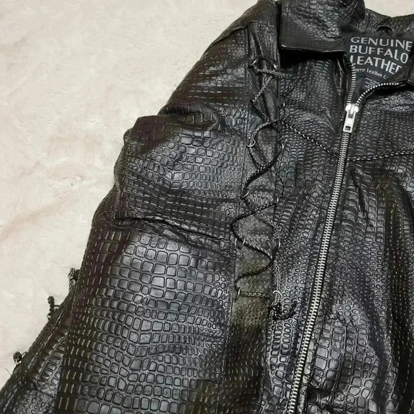 Navarre Croc Embossed Black Buffalo Leather Embroidered Rose Moto Jacket Biker - Picture 7 of 10